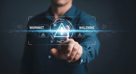 Poster - A person interacts with a digital warning interface, highlighting a critical alert.