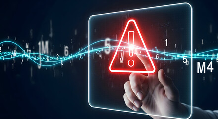 Poster - Hand interacts with a digital warning alert, signifying a critical system error amidst flowing data streams.