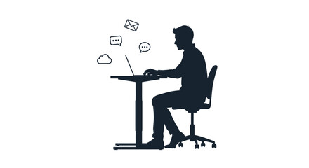 Silhouette of a man working on a laptop at a desk, modern communication concept