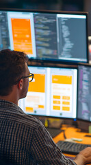 Man with glasses working on multiple computer screens with code and orange ui elements visible on them