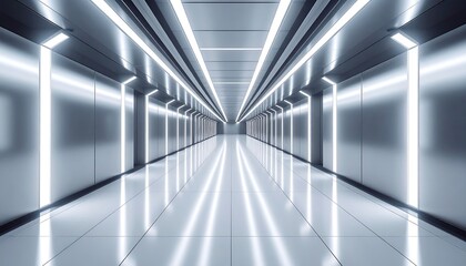 Poster - Futuristic Sci Fi Corridor With White Neon Lights Hallway Architecture Design Background