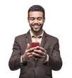 © kite_rin - Young handsome man looking at smartphone isolated transparent PNG, Smiling businessman using mobile phone
