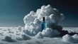© Mobashir - A blue glass bottle with a black cap nestled among fluffy white clouds against a blue sky backdrop