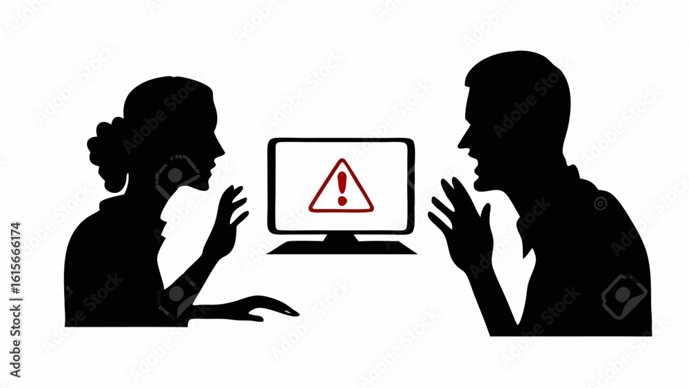 Silhouettes of arguing people facing a computer screen displaying a red ...