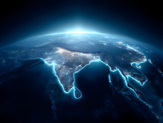 aerial view of earth at night showing city lights and coastline with a bright sun rising above horiz
