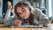 © laperuz - Young girl with long braided hair is lying on the floor, focused on writing in a notebook, surrounded by a cozy indoor environment, showcasing creativity and concentration