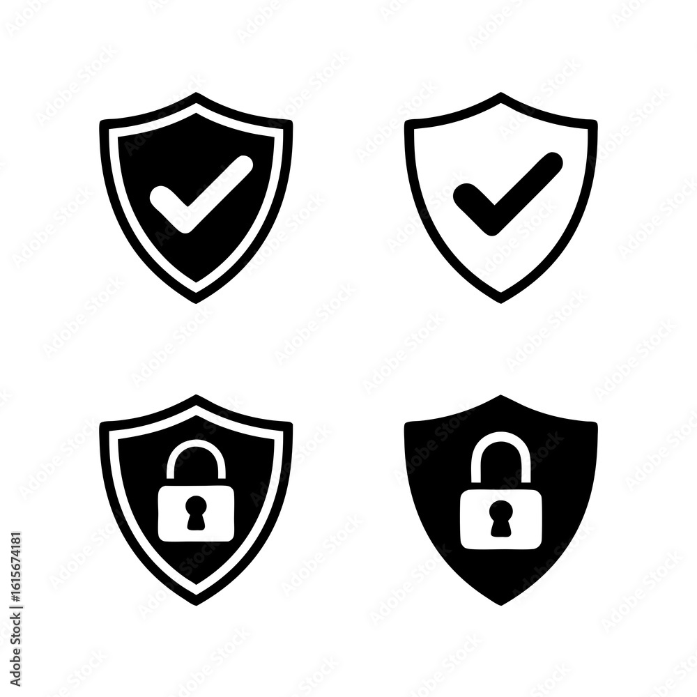 Security shield icons in black and white featuring check marks and ...