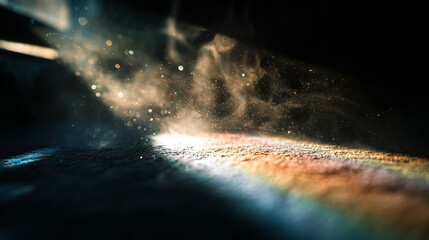 Poster - A beam of light shining through dust particles in a dark room illuminating the floor