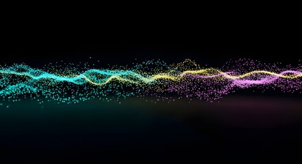Poster - Abstract visualization of flowing particles, transitioning through a spectrum of colors from teal and yellow to pink, set against a dark background.