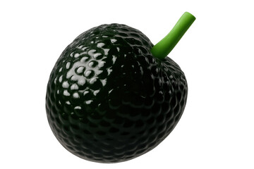 Poster - 3d black avocado model spinning, revealing green stem against transparent backdrop, highlighting fresh organic produce design