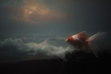 Poster - Goldfish exploring a surreal underwater landscape during twilight hours