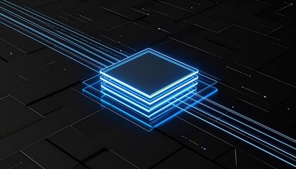 Poster - Futuristic Digital Circuit Board with Glowing Blue Lines and High-Tech Microchip Design