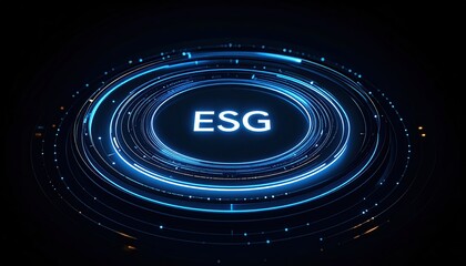 Poster - Futuristic Digital Interface with Circular Pattern and Esg Central Text Highlighted with Glowing Blue Lights