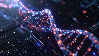 Poster - Glistening Blue Neon DNA Helix with a Virtual Technical Interface and Data Network Elements