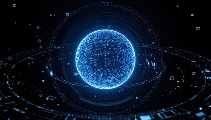 Poster - Sci-Fi Digital DNA Strand with Bright Blue Neon Highlights and Futuristic Connectivity Background