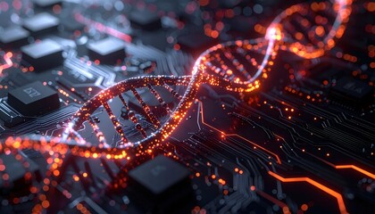 Poster - Light-Effect DNA Spiral with Dynamic Particle Trails and Modern Digital Nexus Background