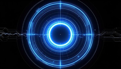 Poster - Futuristic Digital Circular Interface with Blue Neon Circles and Light Effects on Dark Background