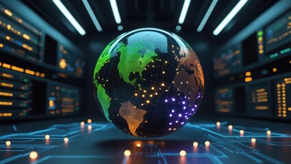 Poster - Realistic Digital Earth Globe with Bright Data Connection Lines and Nodes in High-Tech Infographic Design