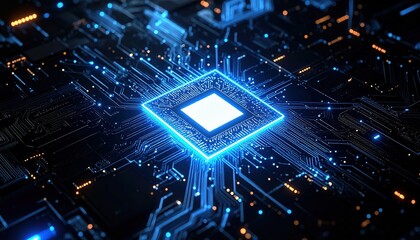 Poster - High-Tech Digital Chip with Glowing Blue Energy and Circuit Lines in Sci-Fi Style