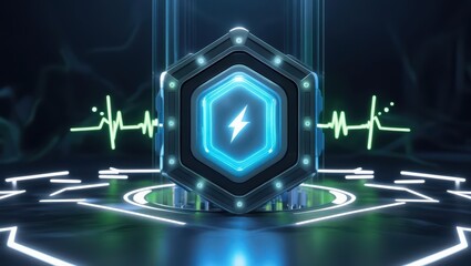 Poster - Futuristic Power Module with Blue Light and Digital Circuitry on Dark Background