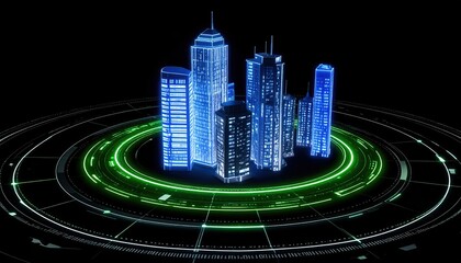 Poster - Futuristic City Skyline with Neon Lights and Digital Grid for Technology and Smart City Concepts