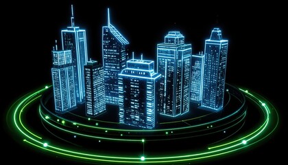 Poster - Futuristic Digital Cityscape with Neon Light Buildings and Grid for Smart Urban Innovation