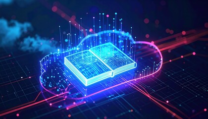 Poster - Neon Futuristic Data Network Visualization with Abstract Digital Circuit and Cloud Elements