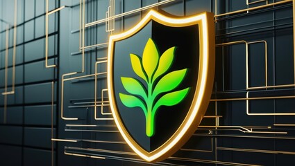 Poster - Futuristic glowing shield with green leaf emblem, illuminated with golden yellow light, symbolizing ecological safety and environmental innovation