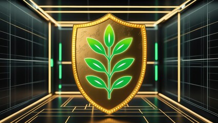 Poster - Neon shield with green plant symbol lit up with yellow glow, set against a dark digital futuristic background symbolizing health and eco security