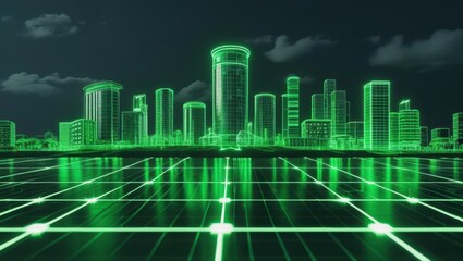 Poster - Illuminated digital globe with interconnected green lines, representing global environmental data and ecological network in a futuristic high-tech setting