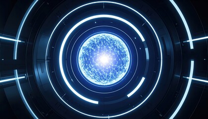 Poster - Futuristic technological sphere with glowing connections and digital nodes, representing advanced internet or global network system in a sci-fi environment