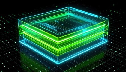 Poster - Futuristic Neon Digital Storage Chip with Glowing Layers and Grid Pattern, Cyber Technology Concept, High-Tech Innovation Illustration