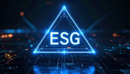 Poster - Futuristic Digital Triangle with Illuminated ESG Letters Representing Environmental, Social, and Governance Concepts in a High-Tech Dark Background
