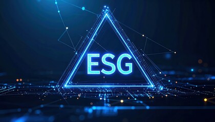 Poster - Futuristic digital illustration of ESG concept with glowing blue triangle and interconnected data points representing environmental, social, and