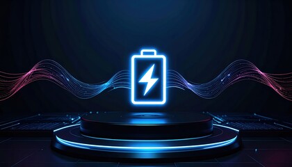 Poster - Futuristic Neon Battery Icon with Energy Waves and Lightning Bolt on Digital Stage