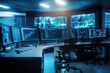 © Darren - security system control room- workstation- monitoring room with security data center Empty office- desk and chairs. ai generative