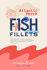 Wall Mural - Seafood Fish Vector Label Design Package Background Layout Template. Hand Drawn Haddock Illustration and Modern Typography. Fish Silhouette Product Banner With Pattern and Engraved Drawing