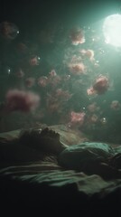 Poster - Dreamy underwater scene with floating flowers and a person lying in bed at night, evoking a surreal atmosphere