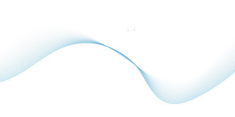 Poster - Dynamic particle waves in a blue halftone a flowing dot curve against a white backdrop, embodying technology, sound, music, and modern aesthetics. technology, science, innovation concepts	