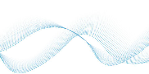Poster - Dynamic particle waves in a blue halftone a flowing dot curve against a white backdrop, embodying technology, sound, music, and modern aesthetics. technology, science, innovation concepts	