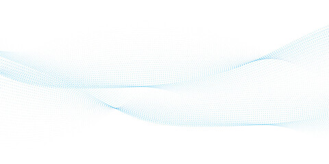 Poster - Dynamic particle waves in a blue halftone a flowing dot curve against a white backdrop, embodying technology, sound, music, and modern aesthetics. technology, science, innovation concepts	