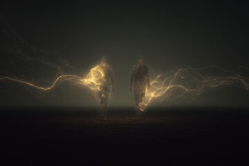 Poster - Figures emerging in a dark, illuminated space create an ethereal atmosphere with vibrant energy trails
