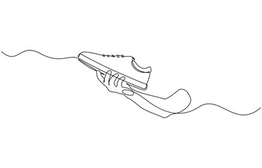 Poster - Continuous one line drawing of hand holding shoes vector illustration. Editable outline