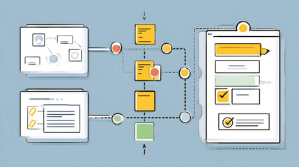 Illustration of a workflow diagram with connected elements and a form on a light blue background