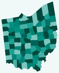 Poster - Map of Ohio with counties. Just a simple state border map with county division. Teal color palette. Flat State of Ohio shape with administrative division. Vector illustration.