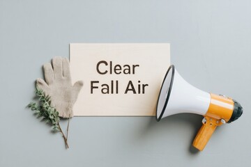 Poster - top-down view of protest sign reading clear air for all beside megaphone and gloves on grey surface