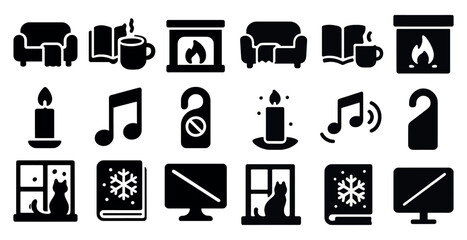 Poster - Collection of icons for a cozy home setting. The icons include a fireplace, a couch, a chair, a book, a cup, a candle, a window, a cat, a television, a laptop, a keyboard, a mouse