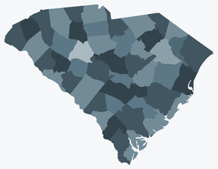 Poster - Map of South Carolina with counties. Just a simple state border map with county division. Blue grey color palette. Blank State of South Carolina shape with administrative division.