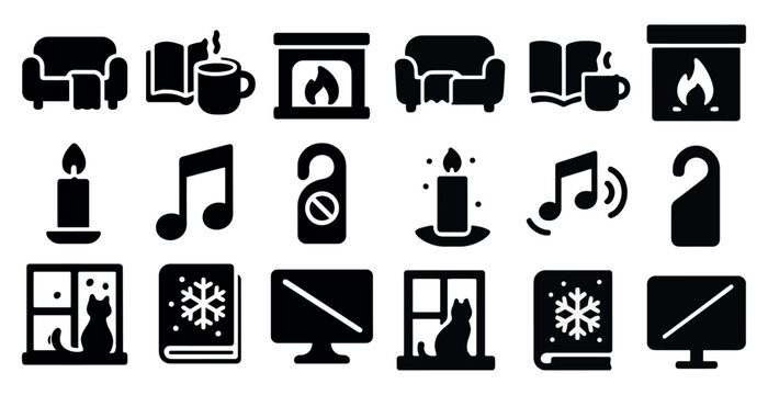 Collection of icons for a cozy home setting. The icons include a fireplace, a couch, a chair, a book, a cup, a candle, a window, a cat, a television, a laptop, a keyboard, a mouse