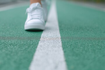 Poster - minimalist photo of walking feet on green painted pedestrian path with clear white line and shadow copy space
